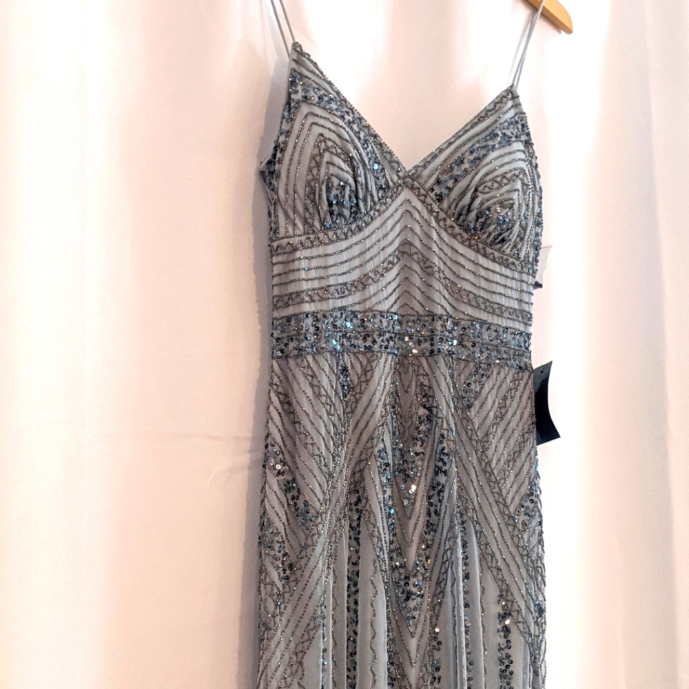 OBO Marina Women's Beaded Gown with Godets Size 10 Blue Silver Beaded